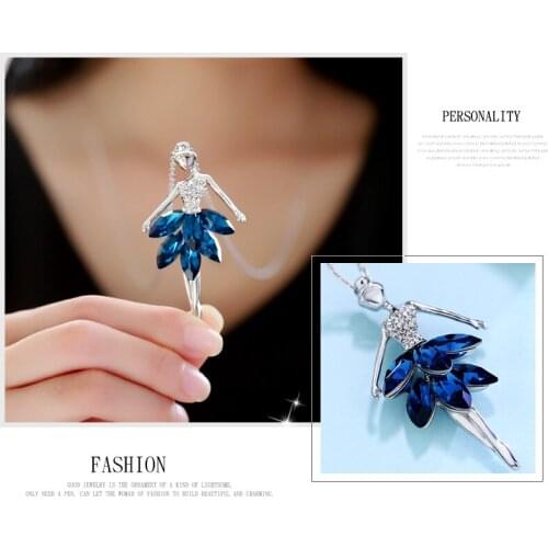 Fashion Ballet Girl Necklace Crystal Pendant Metal Sweater Chain Blue Red Long Plated Necklace 1PC Exquisite Jewelry Gift Women