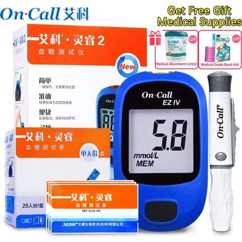 On Call EZ IV Blood Glucose Medical Meter Kit with Test Strips & Lancets Needles Blood Sugar Test Monitor Device for Diabetes