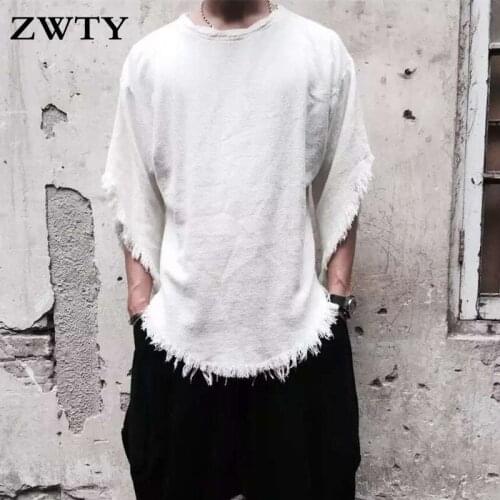 ZWTY Men Solid Color Irregular T-shirt Fashion Tassels Trimming Linen Tees Male O Neck Harajuku T-shirts White Tops Streetwear