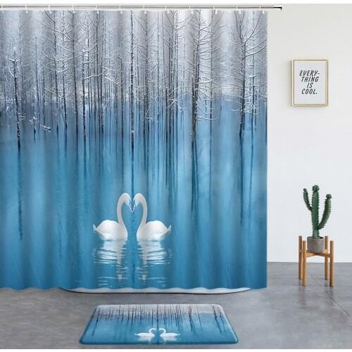 2 Pc Winter Landscape Shower Curtain Set Bath Mat Swan Lake Forest Elk Bathroom Decor Washable Fabric Non-slip Carpet With Hooks