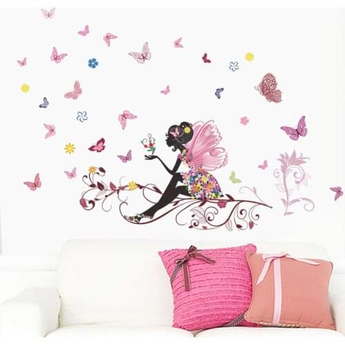 Angel Girl With Butterfly Flowers Wall Decals For Kids Room Bedroom Home Decoration Diy Creative Mural Art Pvc Decals