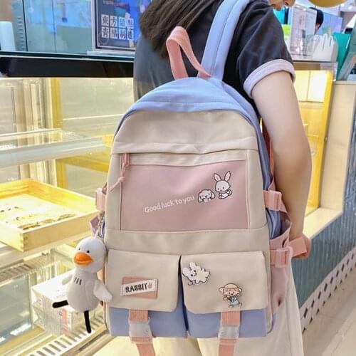 EST Contrast Color Waterproof Nylon Large Capacity Women Panelled Kawaii Badge Shoulders Bag Female School Bag Travel For Girls