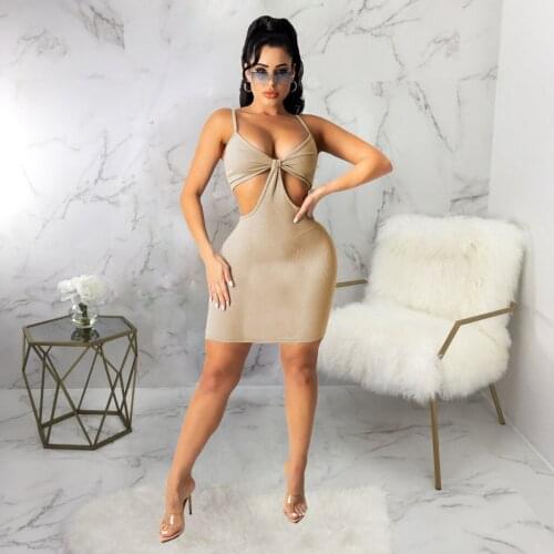 2021 Summer New Sexy Womens Pure Color Hollow Irregular, Hip Hole Striped Sling Dress