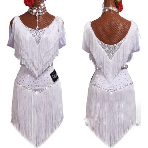 Latin Dance Dress White Tassel Exquisite Glitter Diamond Competition Clothing Salsa Rumba Cha Cha Samba Lady Stage Wear DN6181