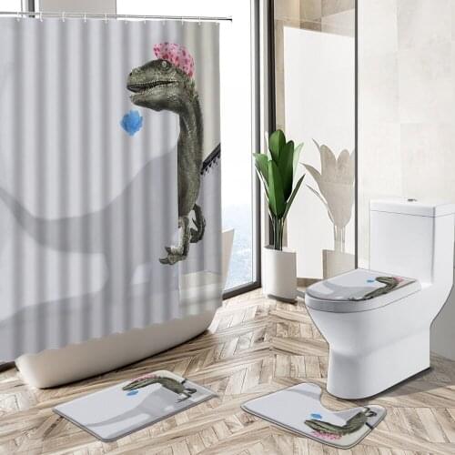 3D Bathing Dinosaur Print Waterproof Fabric Bathroom Shower Curtains Set Funny Animal Anti-Skid Rugs Toilet Lid Cover Bath Mat