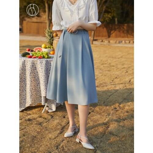 DUSHU Simple Commuter Skirt Covering Meat Thin Blue And Gray Retro Straight Retro A-line Skirt Sexy Women Clothes