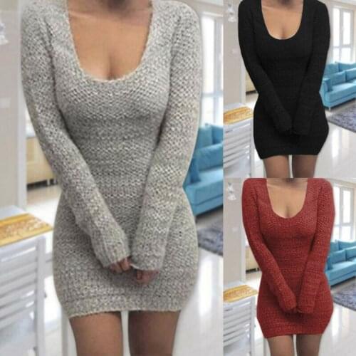 Ladies U-Neck Bag Hip Long-Sleeved Sweater Knitted Tight Solid Color Sexy Exquisite Fashion Sweet Casual Fresh Comfortable 2020