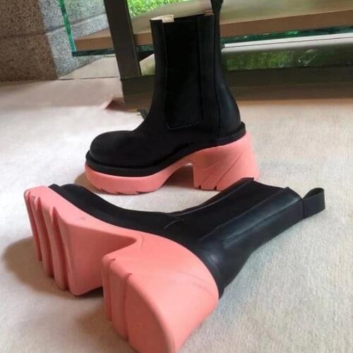 2021 New Women Ankle Boots Thick Sole Chunky High Heel Chelsea Boots Ladies Slip-on Short Booties Rubber Botas Mujer