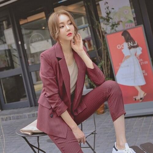 2019 Womens Suit Jacket Casual Feet Pants Set Two-piece Suits Autumn New Womens Temperament Double-breasted Large Size