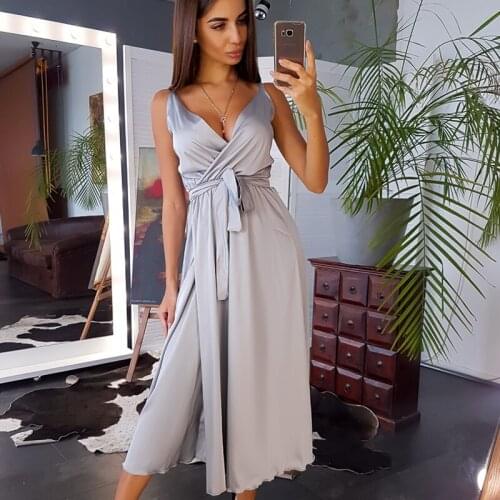 2021 Summer Casual Sexy Gift Dress Deep V Neck Thin Belt Dress Womens Sleeveless Solid Color High Waist Mid-length Dress New