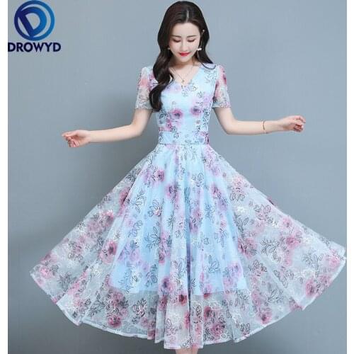 Women Summer Beach Blue Chiffon Maxi Dress 2021 Fashion Mesh Printed V-Neck Short Sleeve Korean Chiffon Dresses Party Vestidos