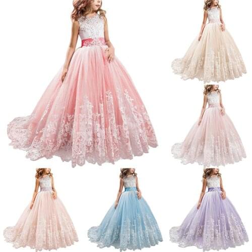 2018 Popular Cute Girl Princess Dress Lace Trailing Gown for Kids Party Wedding Bridesmaid