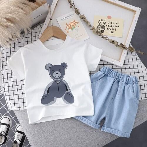 2021 Summer Toddler Boys Clothes Sets Infant Kids Cartoon Bear T-shirt+denim Shorts Baby Fashion Outfits Girls Cotton Clothing