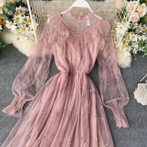 2021 Sweet Dots Sequined Gauze Shiny Fairy Dress Women Ruffles Bling Mesh Lantern Sleeve Dresses Stand Collar Voile 2 Piece Sets
