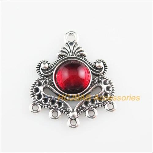 6 New Flower Charms Red Glaze Heart Connectors Tibetan Silver Tone 26x31mm