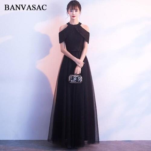 BANVASAC 2018 Vintage Halter Lace Embroidery A Line Long Evening Dresses Party Off The Shoulder Bow Sash Prom Gowns
