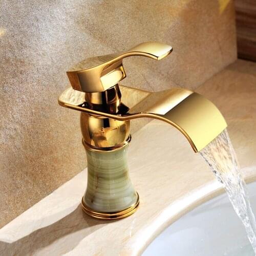 Free shipping polished Gold solid brass jade Bathroom Sink Faucet mixer tap Single hole deck mounted New