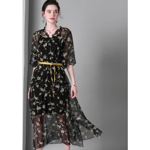 Black chiffon floral maxi dress women femme 2020 summer long work boho beach office sexy party luxury dresses plus size