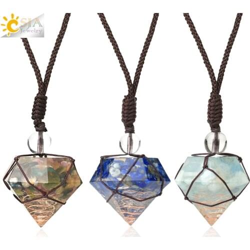 CSJA Geometry Pendant Natural Chip Stone Resin Wrap Braided Necklaces Wire Pyramid Adjustable Rope Men Women Energy Jewelry G647