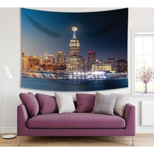 Tapestry Composite Day to Night Timelapse the with Full Moon Rising above New York City Skyline Blue Yellow Photo