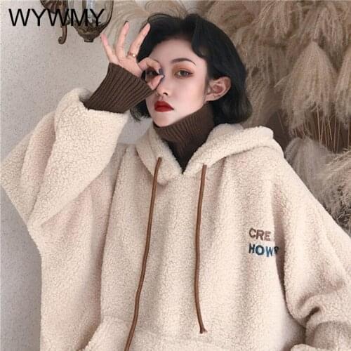 WYWMY Fake Two-piece Hoodies Women Lamb Wool Hooded Sweatshirts 2021 Knitted Halter Tops Coat Ladies Winter Autumn Warm Pullover