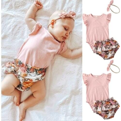 3PCS Newborn Baby Girl Clothes Top Romper Jumpsuit+Shorts+Headband Outfit Set Summer Casual Baby Clothing Sets