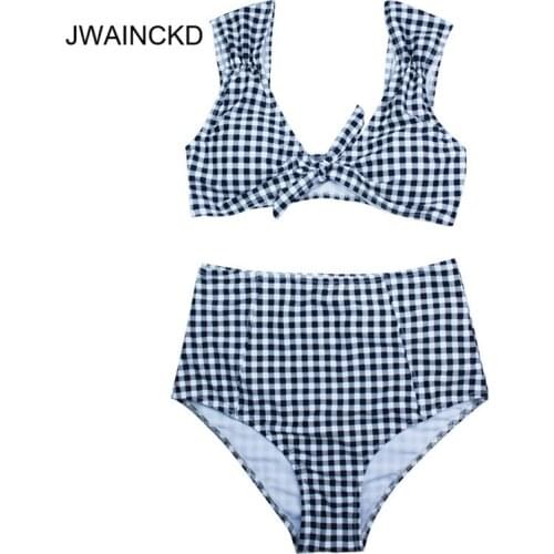 JWAINCKD Bikini Swimwear High Waisted Tie Front Plaid Plunging Neck Bikini High Rise Cut Bathing Suit Swimsuit Bikini Women 2018