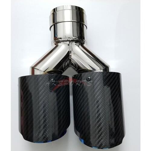 Left Side Dual Logo Twill Carbon Fiber Stainless Steel Exhaust Tip Glossy Blue Exhaust Pipe Flange Straight For BMW E90
