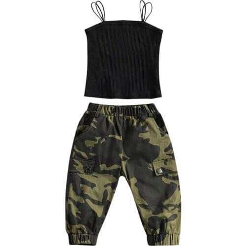 Fashion Kids Baby Girls Fashion 2Pcs Outfit Sleeveless Solid Color Ribbed Vest Tops+Camouflage Pants Set for Children Girls 2-7Y