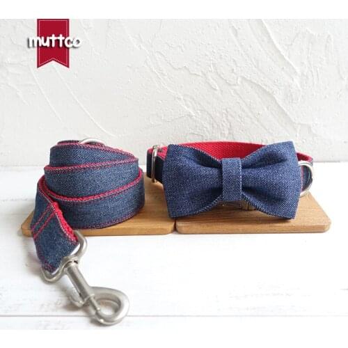 MUTTCO retailing self-designed dog bowknot THE RED JEAN mazarine and red dog collar and leash set with bow tie 5 sizes UDC038