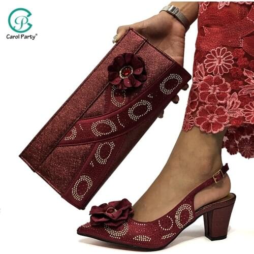 2020 New Arrival Fashionable Italian design Wine Color Lady Shoes and Bag Sets with Appliques for African women peep toe shoes