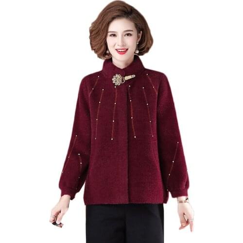 Autumn Winter Middle-aged Women Cashmere Sweater Jacket Large Size Women Imitation Water Velvet Coat 5XL High Quality Tops W2203