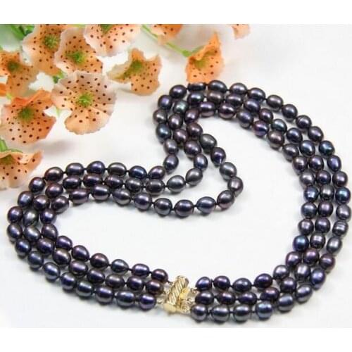 3row 7-8mm natural freshwater white black pearl necklace 17"-19"