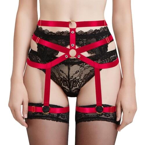 Red Garter Belt Strappy Women Stockings Waist Leg Caged Punk Gothic Metal Plus Size Elastic Dance Night Clothing Body Harness