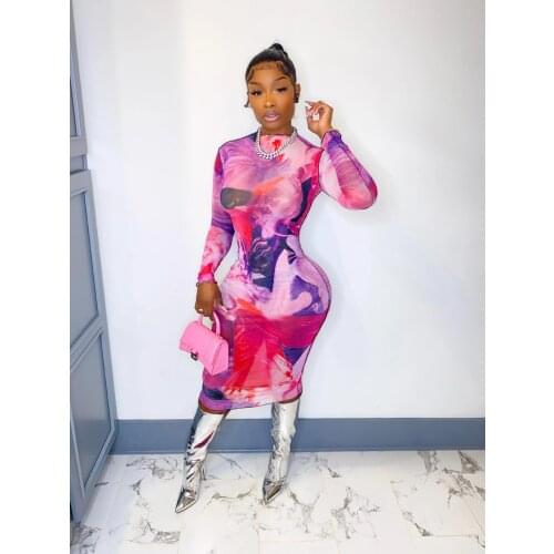 Sexy Tie Pye Print Sheer Mesh Bodycon Women Dress Elegant O Neck Long Sleeve See Through Slim Club wear Party Dress New Autumn