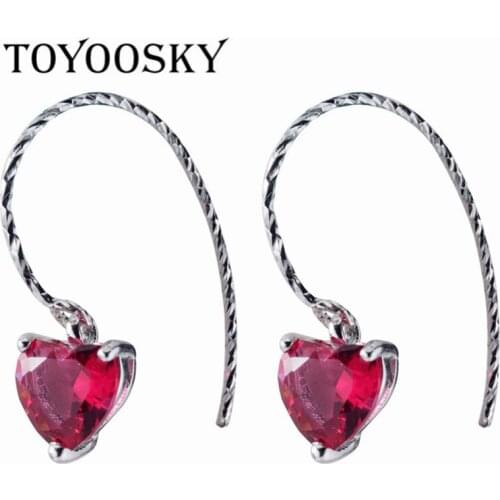 TOYOOSKY Pure 925 Sterling Silver Earrings Red Crystal Heart-shaped Short Ear Hooks Temperament Ear Jewelry Female Brincos