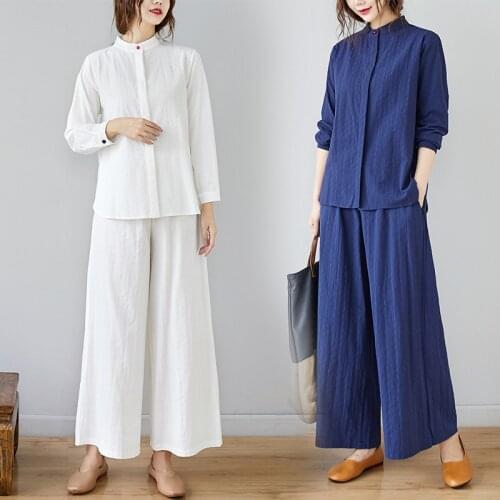 Traditional Chinese Clothing for Women Linen Shirt Kung Fu Uniform Breathable Comfy 2Pcs Sets Tops Yoga Pants Tai Chi Uniform