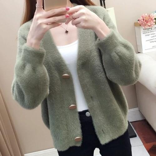 Spring Mink Fleece Cardigan Sweater Coat Womens Knitted V-neck Bubble Sleeve Single-breasted Casual Short Sweater Female A879