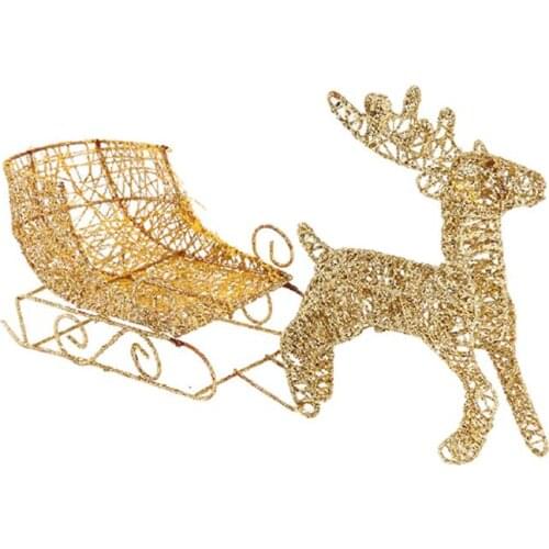 Iron Mini Elk Sleigh Car Desktop Ornament Golden Christmas Party Figurine Adornment Decoration Gifts