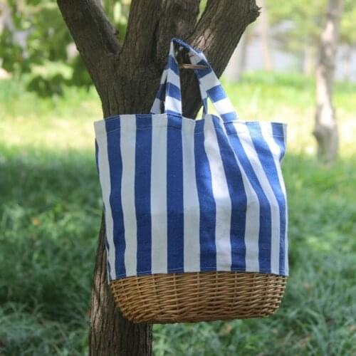 2020 women casual red blue black stripes straw bag straw rattan Linen stitching handbag striped canvas woven shoulder bag