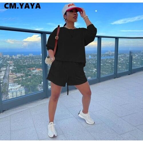 CM.YAYA Women Set Solid Full Sleeve O-neck Loose Tops Drawstring Waist Loose Shorts Two 2 Piece Set Active Tracksuit Fall Outfit