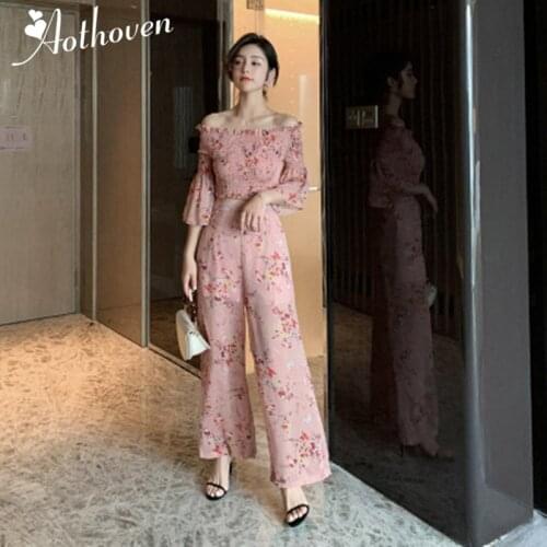 2 Pieces Set 2020 Summer Casual Office Suits For Women Print Slash Neck Tops and Wide Leg Pants Suit Workwear Suits Two Pieces