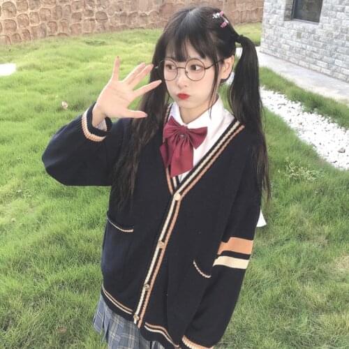 Women Sweater Coat Autumn Winter Japanese Campus College Style Blue Knitted Jk Uniform Sweater Cardigan Japanese Uniform