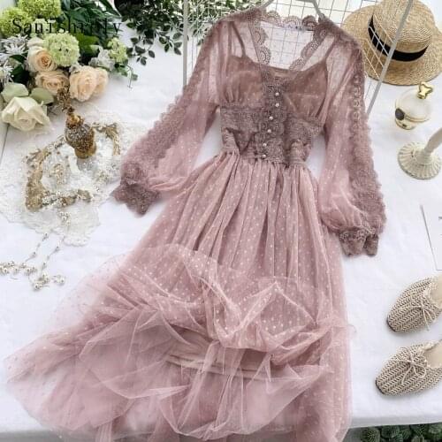 Sanishroly Two Pieces Spring Autumn Women Long Lace Dress Long Sleeve V-Neck Mesh Dress Female Dot Pleated Dresses Vestidos C017