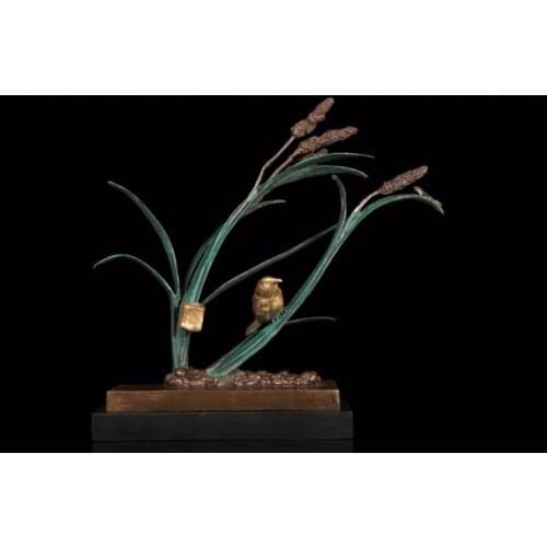 45 CM Western Art Deco Pure Bronze Handwork Millet Plant Sparrow Birds Sculpture