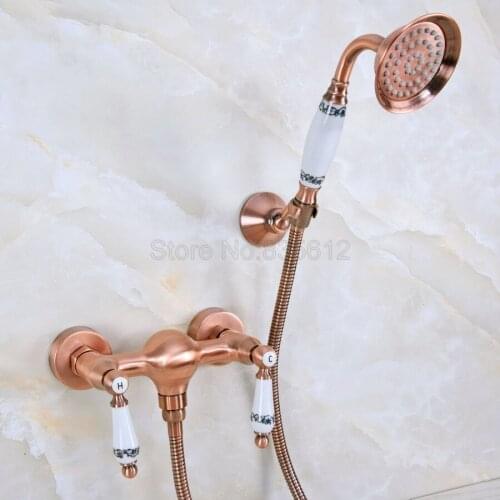Antique Red Copper faucets bathroom bathtub mixer tap faucet with telephone hand shower set Bath & Shower Faucets tna301
