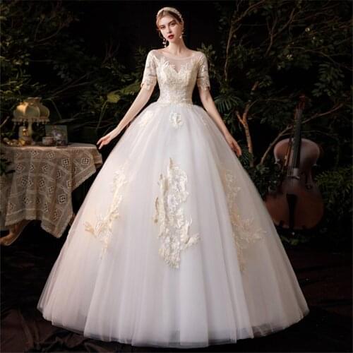 Elegant Wedding Dress 2021 Reduced Atmosphere Lace Embroidery O-Neck Half Sleeve Princess Bride Dress Plus Size Robe De Mariee