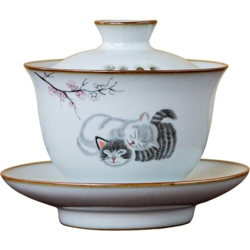 Chinese Tea Bowls Ceramic Gaiwan with Filters Cute Cat Porcelain Tureen 150ml Handmade Kung Fu Tea Brew Tea Cup
