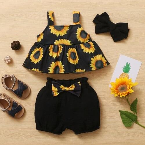 Newborn Baby Girl Summer Clothes Set Toddler Girls Outfit Boho Sunflower Top + Bow Shorts + Headband New Born Clothing 3Pcs Suit