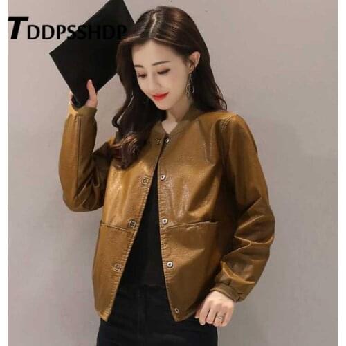Short 2019 Spring New Loose Pu Leather Jacket Black Red Caramel Brown Color Female Coat